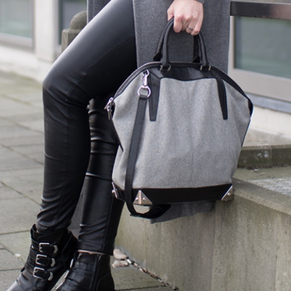 Alexander Wang Emile gray wool and black leather handbag 17x14Hx6.5”